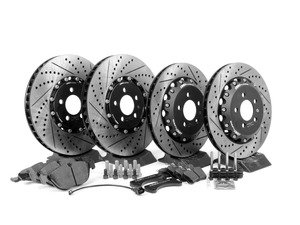 ES#2762615 - 001423ECS01AKT2 -  Performance Front And Rear Brake Service Kit (334x32/306x22) - Featuring front ECS 2-piece semi-floating cross drilled and slotted rotors, rear ECS Stage 1 - 2-piece cross drilled and slotted rotors with pads - Assembled By ECS - Volkswagen