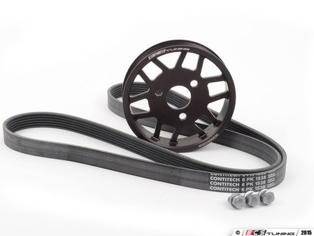 ES#2804221 - 003042ECS01KT - Aluminum Power Steering Pulley Kit - Finally, a durable power steering pulley that won't break! Includes ECS Aluminum Power Steering Pulley, three retaining bolts, and Continental power steering belt. - Assembled By ECS - BMW