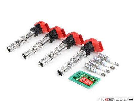 ES#2561324 - 06C905115M1KT - Ignition Service Kit - Includes four OE red coil packs and four NGK copper core spark plugs - Assembled By ECS - Audi Volkswagen