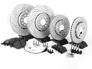 ES#2696239 - 1J0615301AAKT8 - Performance Front & Rear Brake Service Kit (334x32/256x22) - (NO LONGER AVAILABLE) - Featuring ECS GEOMET cross drilled and slotted rotors and Hawk HPS pads - Assembled By ECS - 