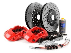 ES#2825794 - 003755ecs01a01KT - Front Big Brake Kit - Stage 4 - 2-Piece Rotors (380x38) - (NO LONGER AVAILABLE) - Featuring Red 19Z 6-piston Porsche calipers, ECS stainless steel lines & ECS 2-piece cross drilled & slotted rotors - ECS - 