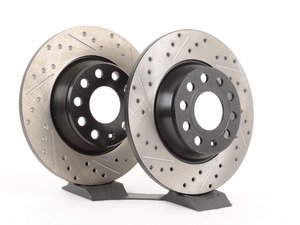 ES#2918656 - 127.33099KT - Rear Cross Drilled & Slotted Brake Rotors - Pair (282x12) - Upgrade to a slotted / cross-drilled rotor for improved braking - OE# 1K0615601AD - StopTech - Audi Volkswagen