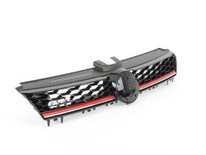 ES#2953949 - 5GM853651H - GTI Lighting Package Grille - With Red Strip - (NO LONGER AVAILABLE) - Gloss black honeycomb with red strip, "GTI" badge, and "VW" badge holder - Bremmen Parts - 