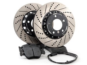 ES#2986615 - E4612347KT -  Performance Front Brake Service Kit - Featuring front ECS 2-piece cross drilled and slotted rotors and ECS EP24 Enthusiast Performance pads - Assembled By ECS - BMW