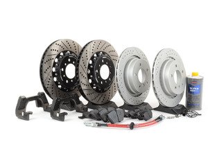ES#2996606 - 001121ECS03KT4 - Performance Front & Rear Brake Service Kit - With ECS 2-piece E46 M3 CSL rotors for increased brake torque and thermal capacity. Includes ECS 2-piece rotors with ECS brackets for proper fitment, Exact-Fit brake lines, ECS EP24 pads, and Pentosin fluid. - Assembled By ECS - BMW