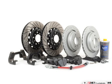 ES#2996606 - 001121ECS03KT4 - Performance Front & Rear Brake Service Kit - With ECS 2-piece E46 M3 CSL rotors for increased brake torque and thermal capacity. Includes ECS 2-piece rotors with ECS brackets for proper fitment, Exact-Fit brake lines, ECS EP24 pads, and Pentosin fluid. - Assembled By ECS - BMW