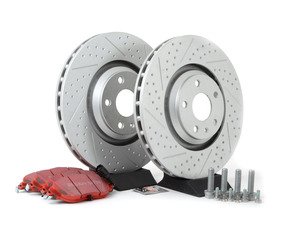 ES#2952004 - 1K061530KT1 -  Front Brake Service Kit (340x30) - (NO LONGER AVAILABLE) - Featuring ECS GEOMET dimpled and slotted rotors and EBC Redstuff pads - Assembled By ECS - 