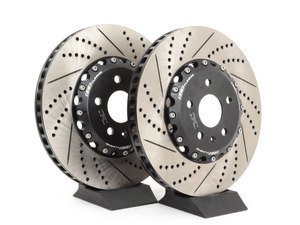 ES#2972827 - 013928ecs01KT -  Front Cross-Drilled & Slotted 2-Piece Semi-Floating Brake Rotors - Pair (340x30) - Direct bolt-on replacement - Save 10.30lbs of unsprung weight for enhanced performance! - ECS - 