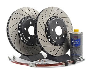 ES#3006379 - 013928ECS01KT3 - Front Brake Kit - Stage 1 - 2-Piece Cross Drilled & Slotted Rotors (340x30) - Upgrade your brake system with 2-piece rotors and stainless steel lines - ECS - Audi