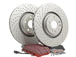ES#2975829 - 1K0615301ADDKT4 - Performance Front Brake Service Kit - (NO LONGER AVAILABLE) - Featuring ECS GEOMET Dimpled & Slotted rotors and EBC RedStuff pads - Assembled By ECS - 