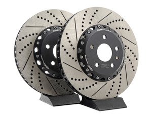 ES#3098079 - A38VBBKKT4 - Front Big Brake Kit - Stage 2 - Tornado Red calipers - 2-Piece Drilled and Slotted Rotors (340x30) - Upgrade to the stopping power of the Audi S3 - Assembled By ECS - Audi