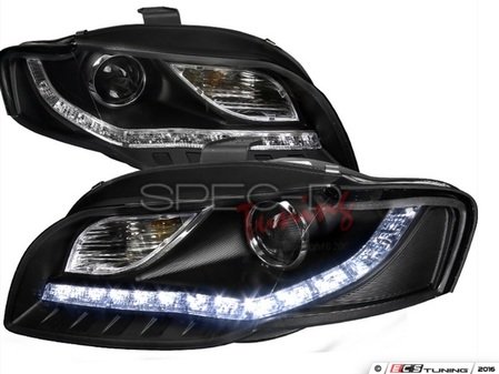 ES#3021219 - 2LHPA406JM8TM - Halogen Projector Headlight Set  - Black housing featuring "R8" style LED strips - Spec-D Tuning - Audi