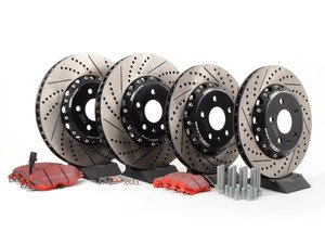 ES#3071947 - 1K061530KT5 -  Front & Rear Brake Service Kit (340x30/310x22) - Featuring ECS 2-piece cross-drilled and slotted rotors and EBC RedStuff Performance pads - Assembled By ECS - Volkswagen