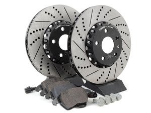 ES#3085678 - 3C0698151KKT - Performance Front Brake Service Kit (312x25) - Featuring ECS Cross-Drilled & Slotted 2-Piece Brake Rotors and ECS EP24 Enthusiast Performance pads - Assembled By ECS - Audi Volkswagen