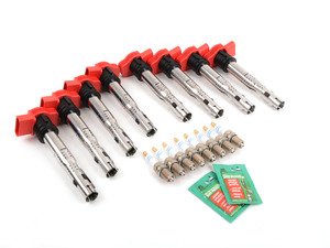 ES#2539180 - 101905621BKT - Ignition Service Kit - Includes eight red OE coil packs and eight Bosch spark plugs - Assembled By ECS - Audi