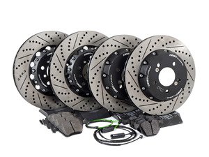ES#3046853 - 000505ECS02KT5 - Performance Front & Rear Brake Service Kit - Featuring front and rear ECS 2-piece semi-floating cross drilled and slotted rotors and ECS EP24 Enthusiast Performance pads - Assembled By ECS - BMW
