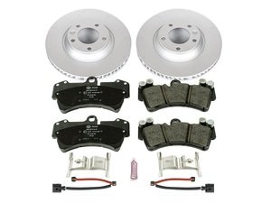 ES#3146789 - ESK4558 - Power Stop Euro-Stop Coated Front Brake Kit (350x34) - A premium OE-equivalent front axle upgrade featuring ECE-R90 certified brake pads, genuine Geomet coated high-carbon smooth vented rotors, and integrated electronic wear sensors. - Power Stop - Audi Volkswagen Porsche