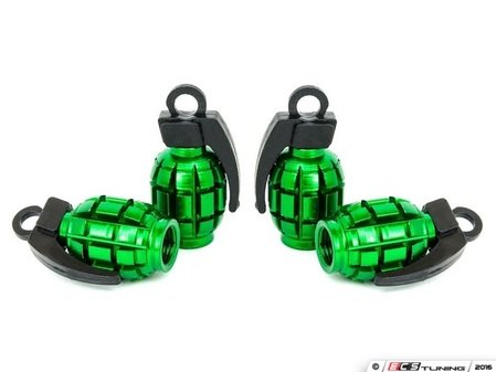 ES#3176350 - 4PCGRNVSGRENADE - Grenade Valve Stem Caps - Green - Lightweight anodized spike valve stem caps measuring 1.57" high - Sickspeed - BMW Volkswagen