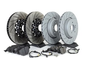ES#3183517 - 34112282805kt10 - performance Front & Rear Brake Service Kit - Featuring front ECS 2-piece semi-floating cross drilled and slotted rotors, OE rear Zimmermann Formula-Z rotors, and Hawk HPS pads - Assembled By ECS - BMW