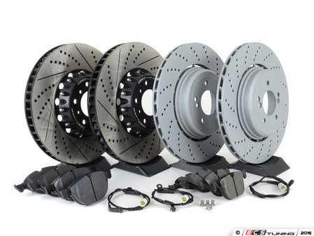 ES#3183517 - 34112282805kt10 - performance Front & Rear Brake Service Kit - Featuring front ECS 2-piece semi-floating cross drilled and slotted rotors, OE rear Zimmermann Formula-Z rotors, and Hawk HPS pads - Assembled By ECS - BMW