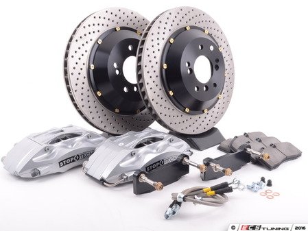 ES#3048373 - 83.154.004G.62 - StopTech rear 4 piston big brake kit (345x28mm) - (NO LONGER AVAILABLE) - Comes with 4 piston silver calipers, 2 piece uncoated drilled rotors and stainless steel brake lines. - Includes brackets and mounting bolts - StopTech - 