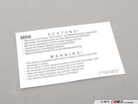 ES#184970 - 71217063938 - Instruction label Notice - Airbag Sticker - Clear sticker for the windshield - Genuine MINI - MINI