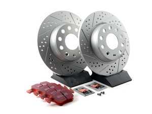 ES#2975823 - 1K0615301AAAKT8 - Performance Rear Brake Service Kit - (NO LONGER AVAILABLE) - Featuring ECS GEOMET Drilled & Slotted rotors and EBC RedStuff pads - Assembled By ECS - 