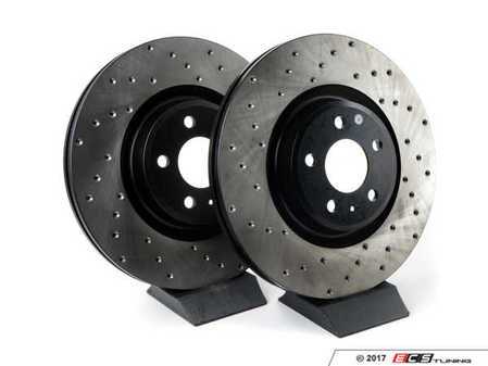 ES#3240954 - 128.33138lKT - Front Drilled Brake Rotors - Pair (345x30) - Upgrade to a cross-drilled rotor for improved braking - StopTech - Audi
